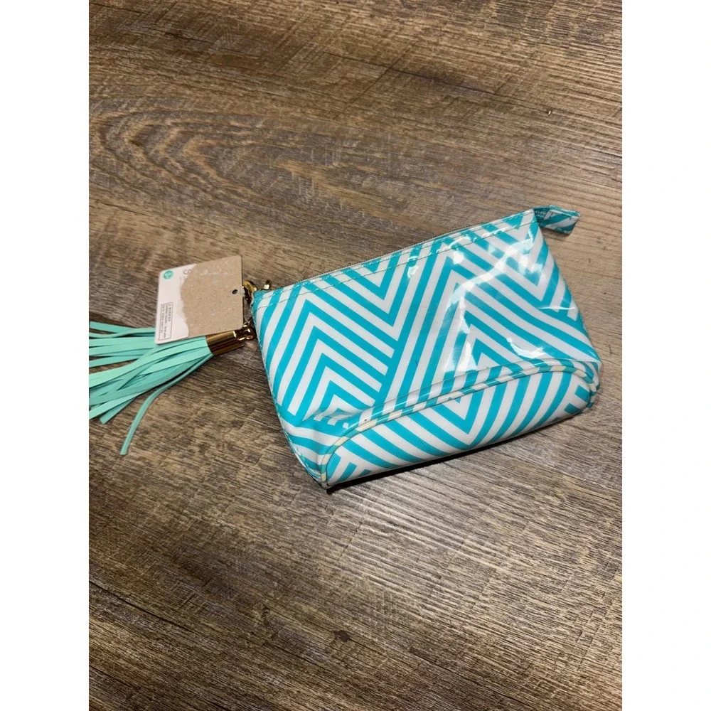 Dabney Lee Teal White Chevron Cosmetic Bag Tassel Pouch New